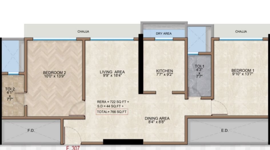 Pradeep-Square-Floor-Plan-2 BHK - 722 Sqft